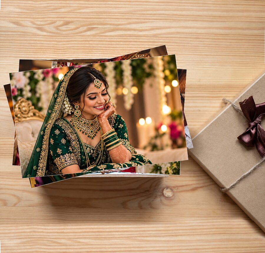 Wedding photo prints featuring an Indian bride in green beside a wrapped gift.