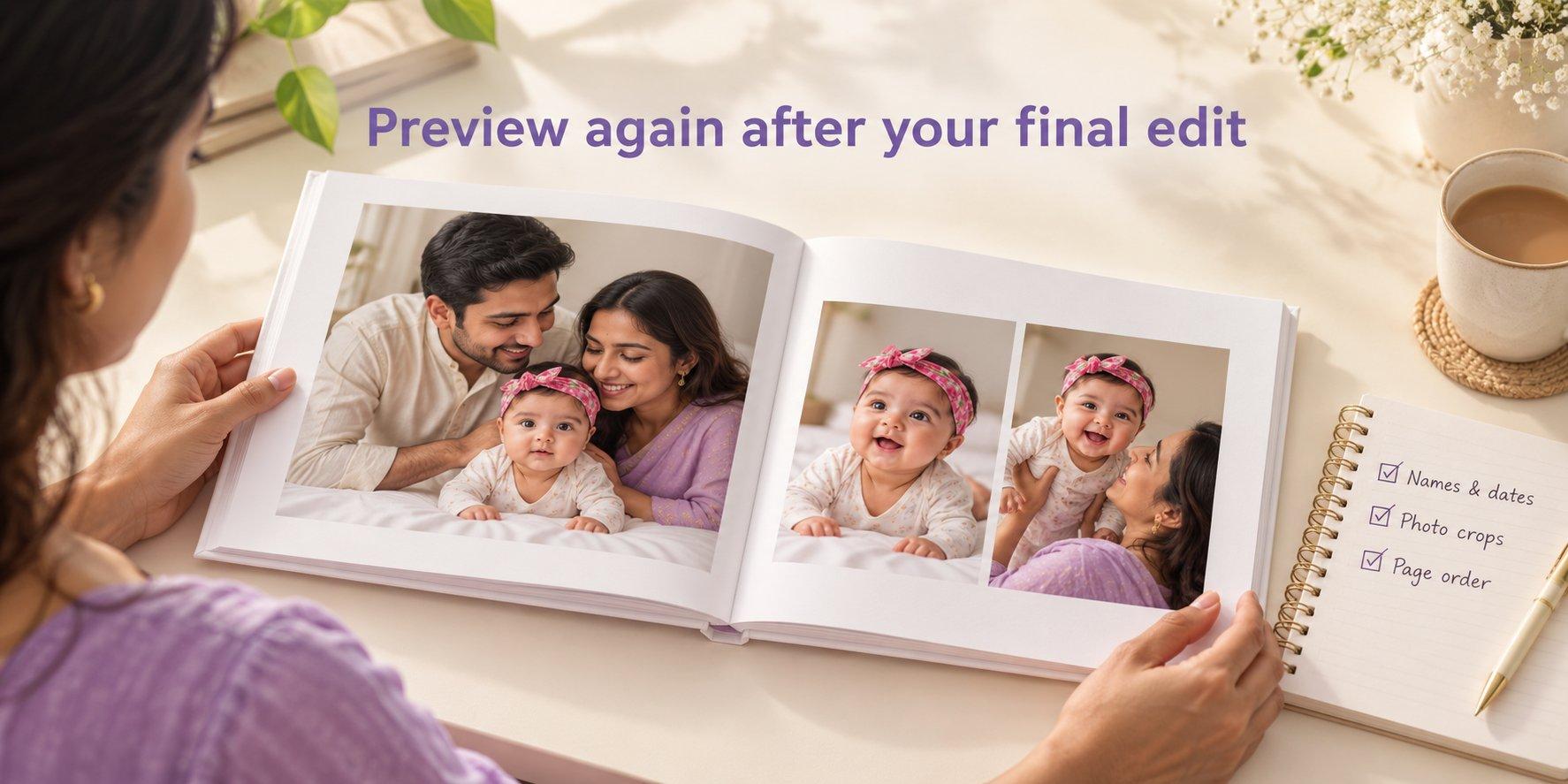 Woman reviewing a family photo book beside a checklist for names, dates, photo crops and page order.