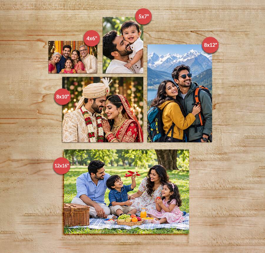 Photo prints in five sizes from 4×6 to 12×16 inches displayed on a wooden surface.