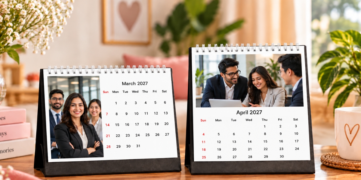 Branded photo calendar featuring employee photographs and company milestones