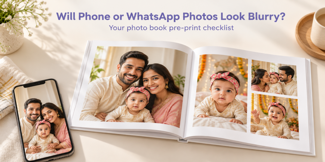 Smartphone beside an open white hardcover photo book displaying Indian family photographs.