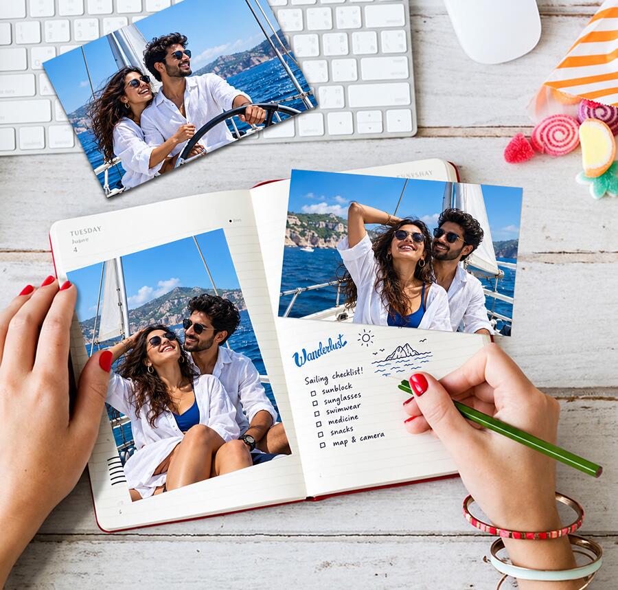 Couple sailing holiday photo prints arranged in an open travel journal.