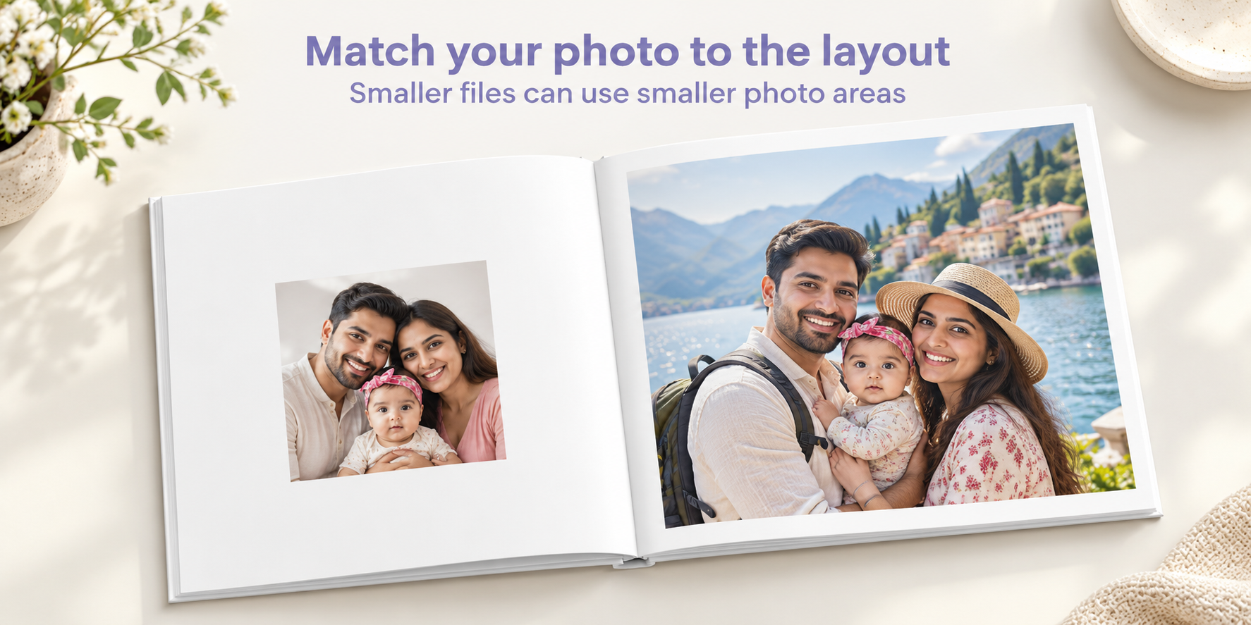 open white hardcover photo book displaying Indian family photographs.