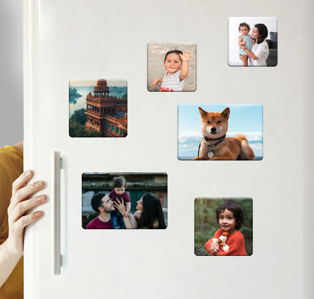 Family, travel and pet photo magnets displayed on a fridge door