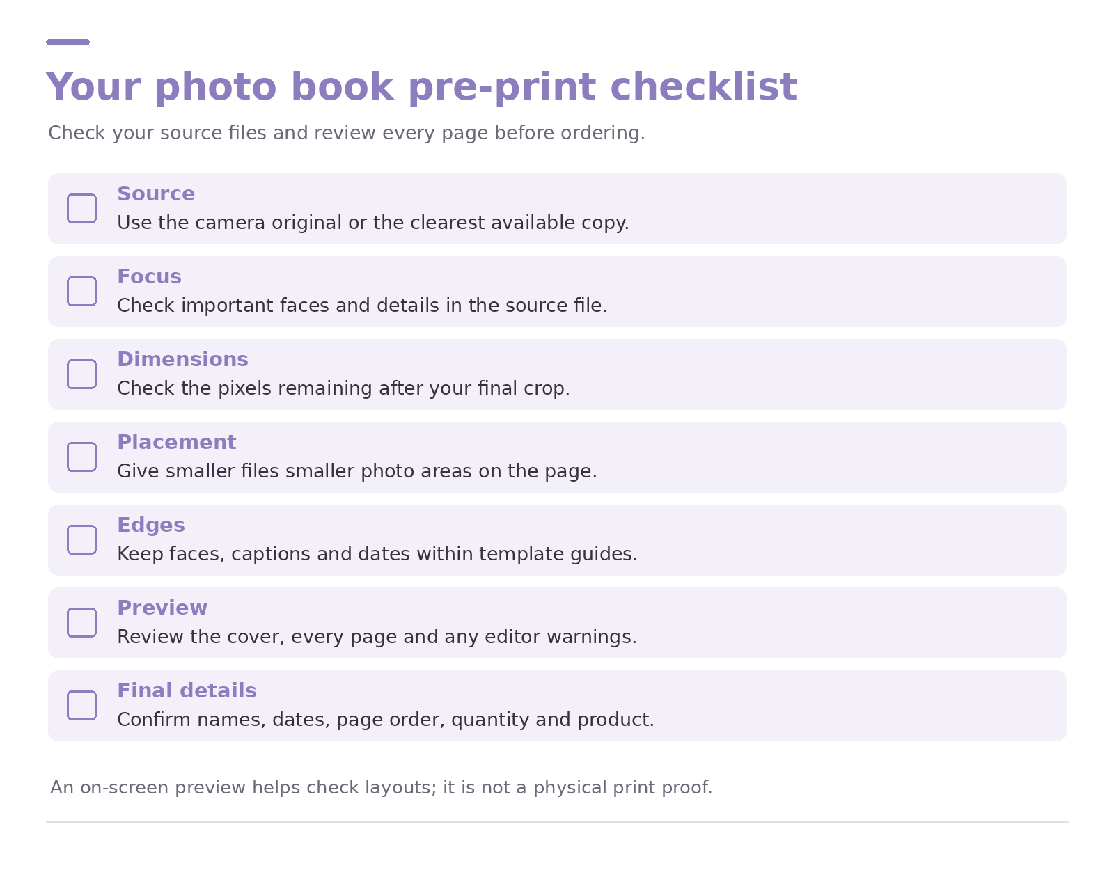 Seven photo book checks covering source, focus, dimensions, placement, edges, preview and final order details.
