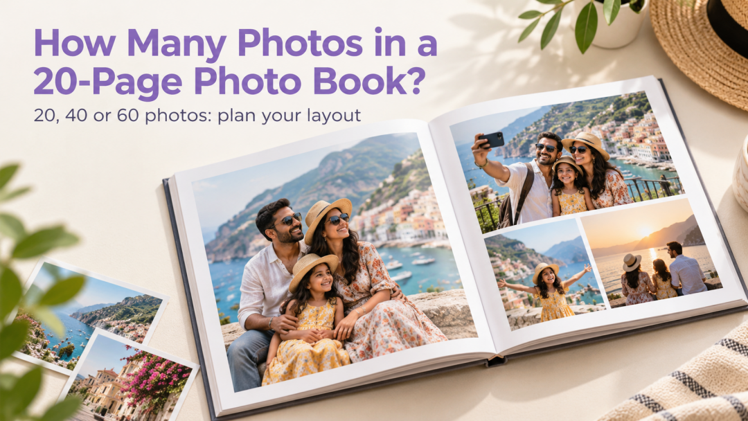 Open family photo book with single-photo and collage layouts, illustrating a guide to choosing 20, 40 or 60 photos.
