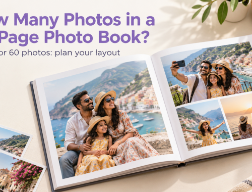 Open family photo book with single-photo and collage layouts, illustrating a guide to choosing 20, 40 or 60 photos.