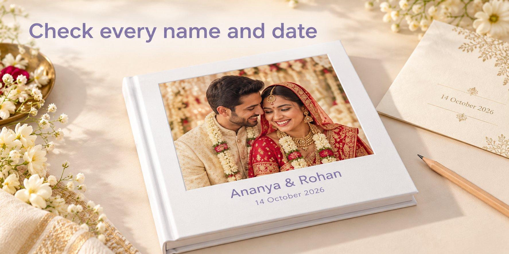 Open white hardcover photo book with Indian family photographs, birthday captions and a baby photo cover.