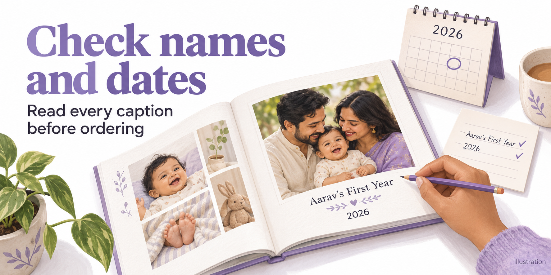 Wedding photo book displaying the couple’s names and wedding date beside a matching invitation.