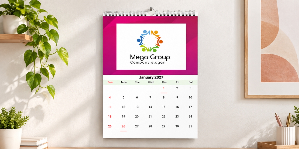 Calendar artwork with photographs, a logo and important dates ready for review