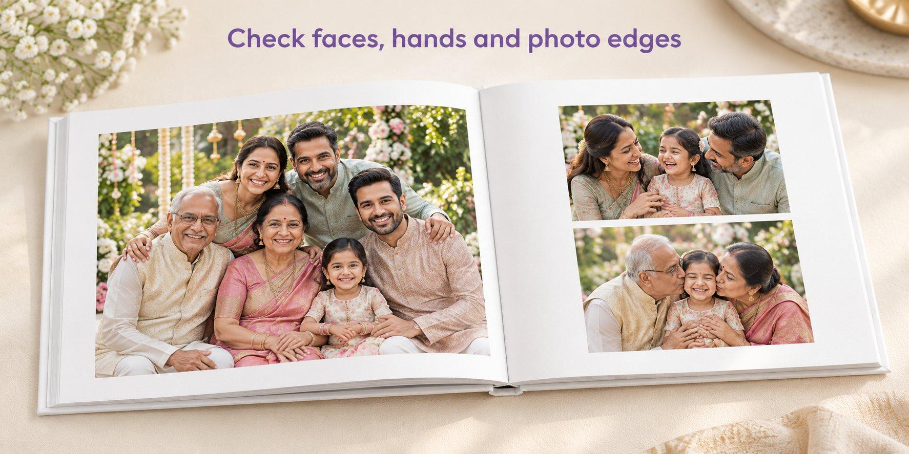Family photographs arranged within photo book pages, keeping faces and important details away from the edges.